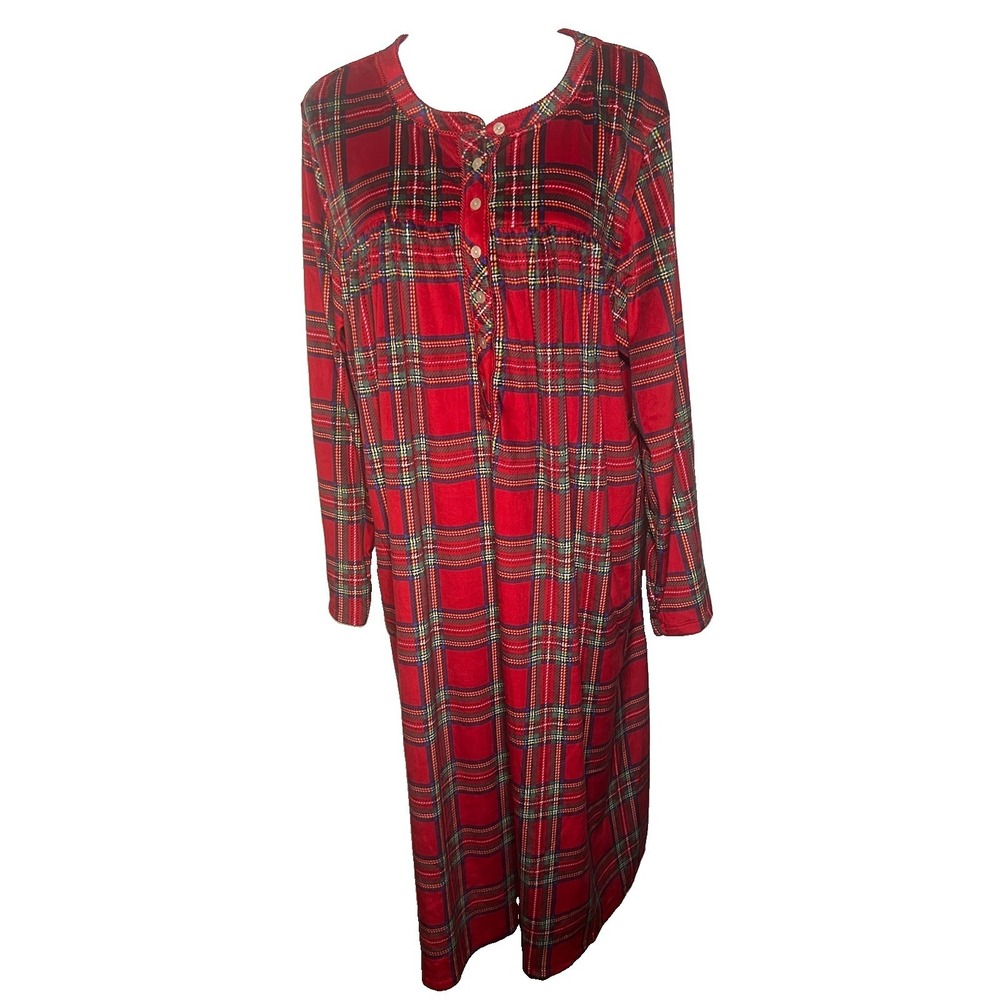 Aria‎ Collection Women's 2X Red Velour Plaid Print Long Sleeve Pocketed PJ Dress